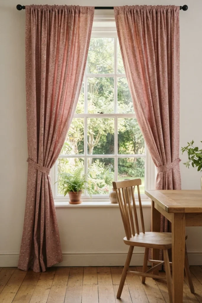 Dining room curtain colors in a soft pink floral print with classic rod-pocket hanging style