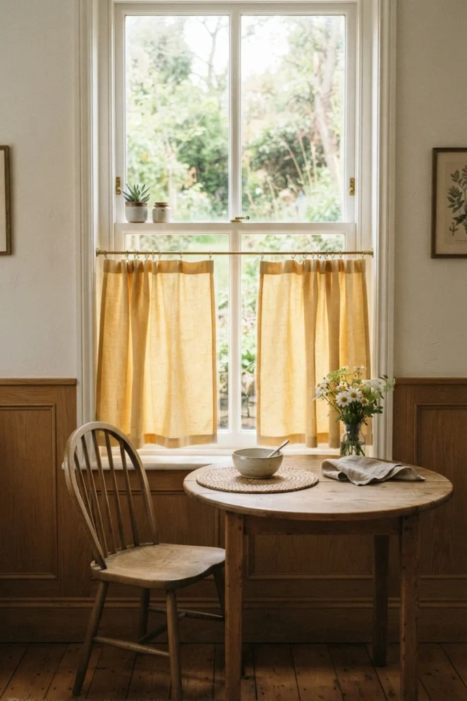 Dining room curtain colors in buttery yellow linen café curtains framing a farmhouse window