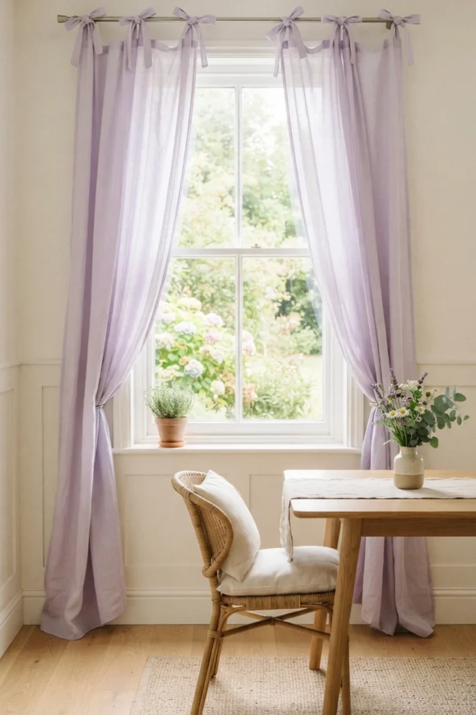 Dining room curtain colors in sheer lavender tie-top drapery filling the room with airy light