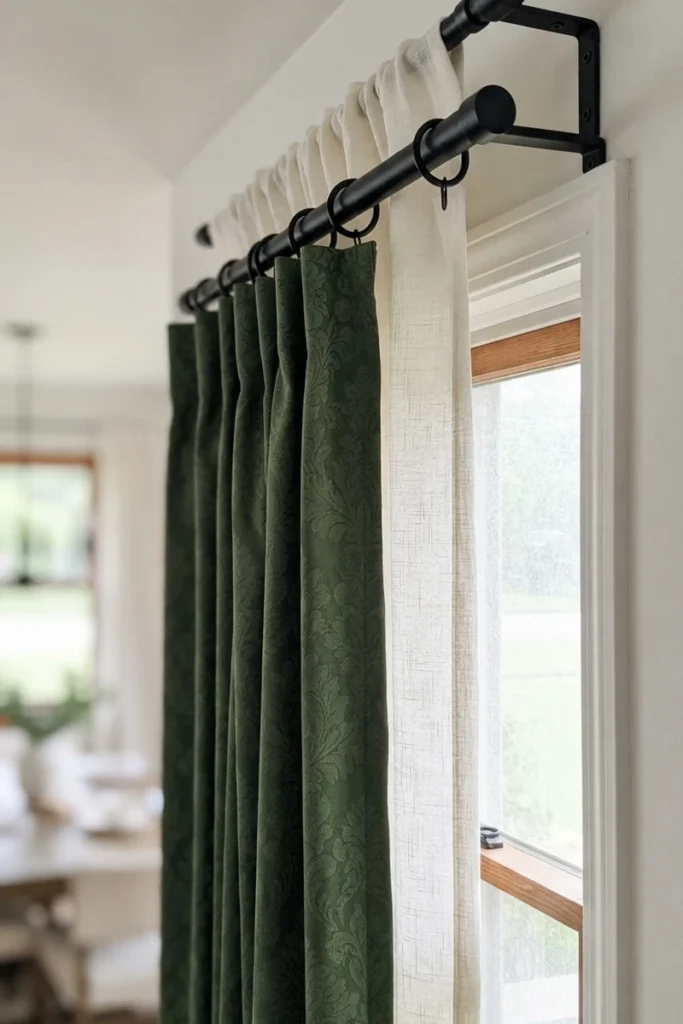 Dining room curtain colors layered with cream sheers beneath forest green damask drapes