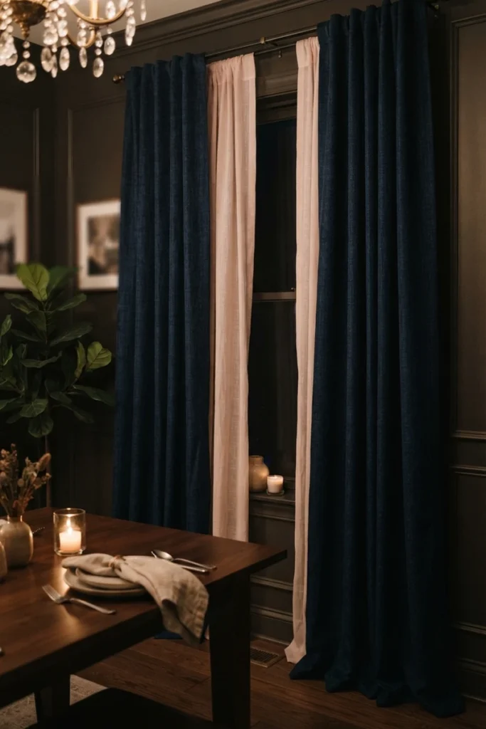 Dining room curtain colors combining a blush sheer with rich navy velvet for evening drama