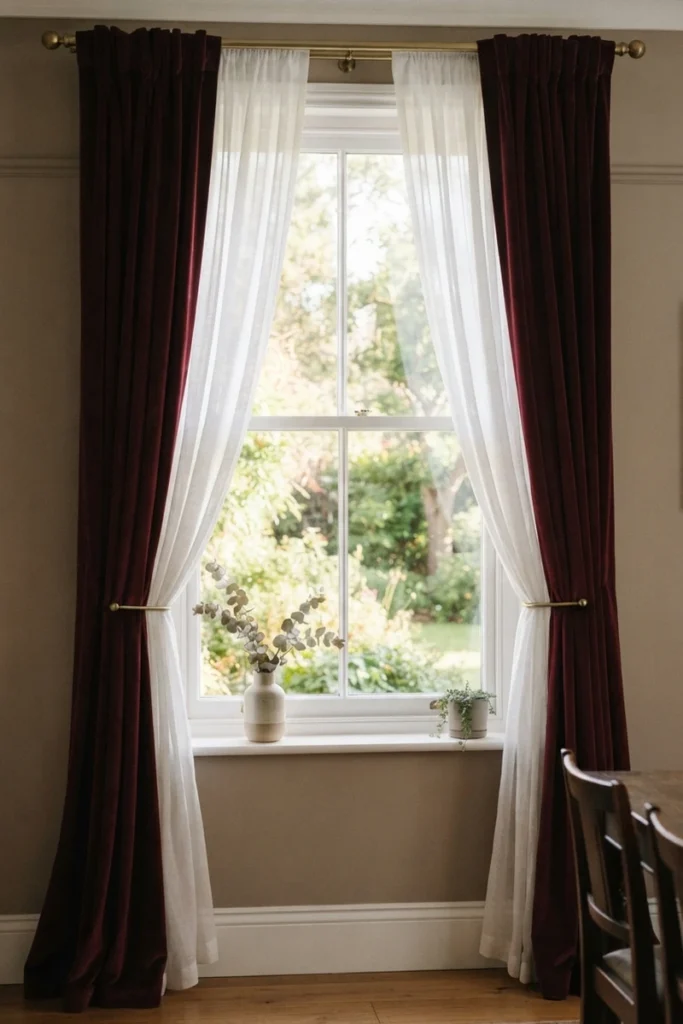 Dining room curtain colors pairing crisp white sheers with tied-back burgundy velvet panels