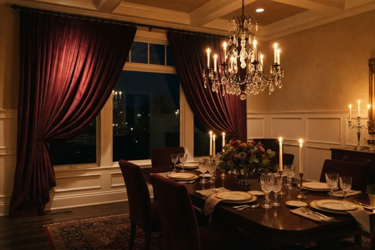 dining room curtain colors — deep burgundy velvet curtains framing a candlelit dining table