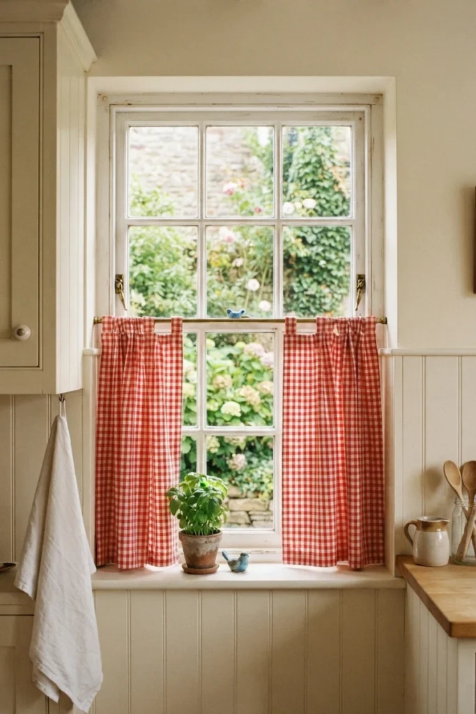 Red and white gingham café curtains on a farmhouse kitchen window with a basil plant on the sill