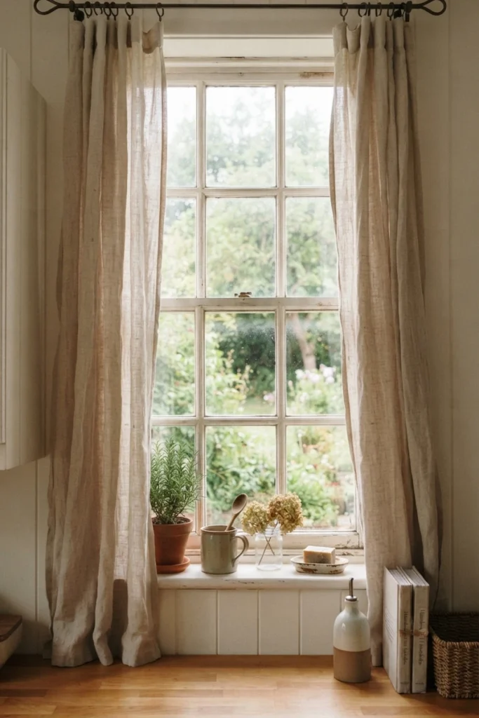 Undyed natural linen curtains with a relaxed, rumpled drape on a farmhouse kitchen window