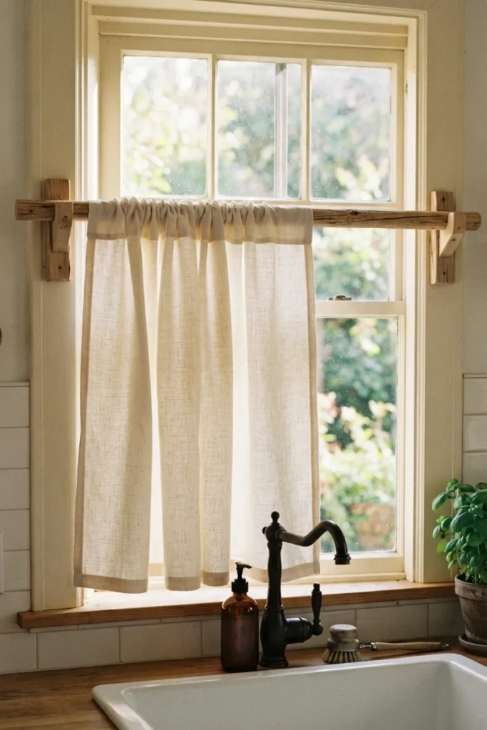 Café curtain on a rustic wood rod above a farmhouse kitchen sink