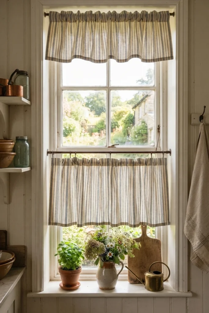 Layered ticking-stripe valance and café curtain on a farmhouse kitchen window