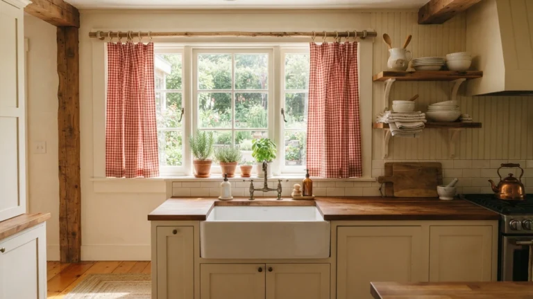 Farmhouse kitchen curtains — red and white gingham café curtains hanging from a natural wood rod above a farmhouse sink