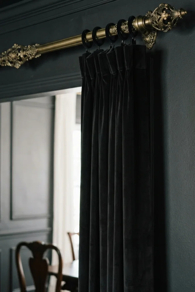 Formal vs casual dining curtains featuring deep charcoal velvet with an ornate pinch-pleat heading on a brass rod