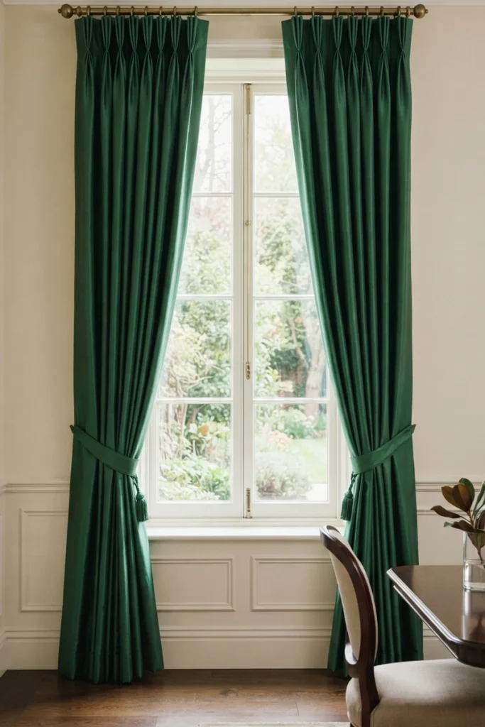 Formal vs casual dining curtains in emerald silk with a tasseled tieback for a tailored look