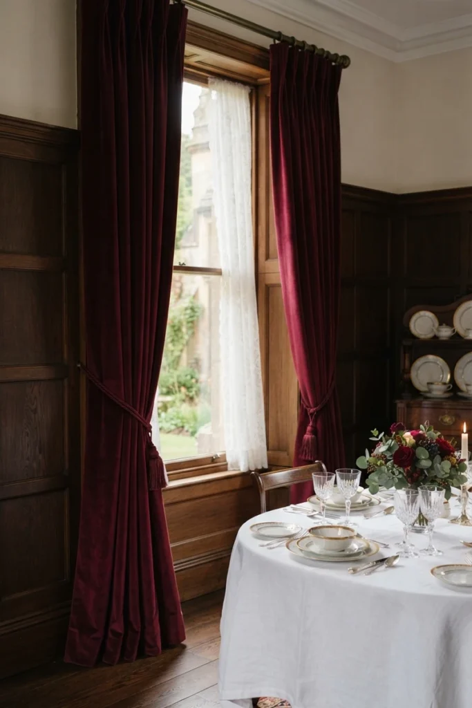 Formal vs casual dining curtains in burgundy velvet pooling elegantly beside a candlelit table