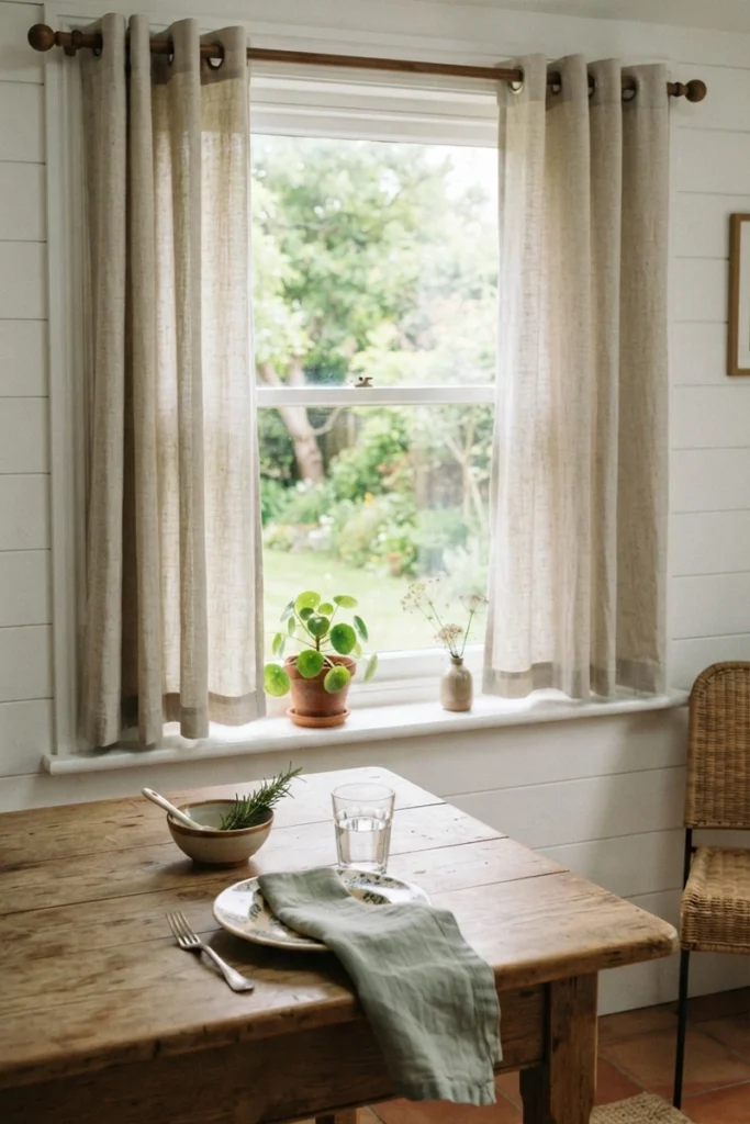 Formal vs casual dining curtains in oatmeal linen with a relaxed grommet heading at café length