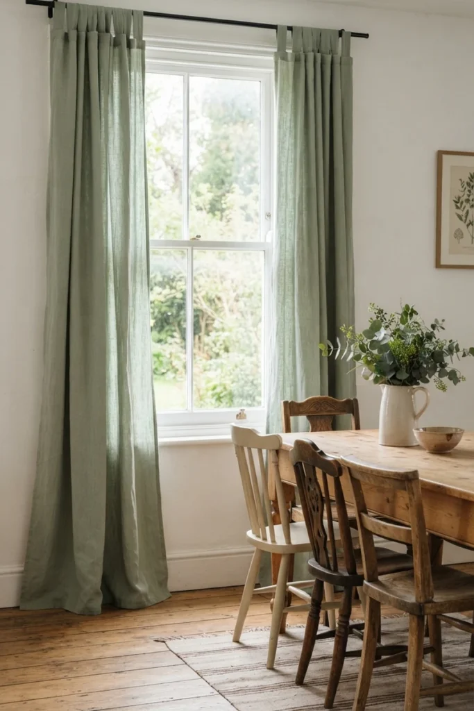 Formal vs casual dining curtains in soft sage cotton with an easy tab-top heading near the floor