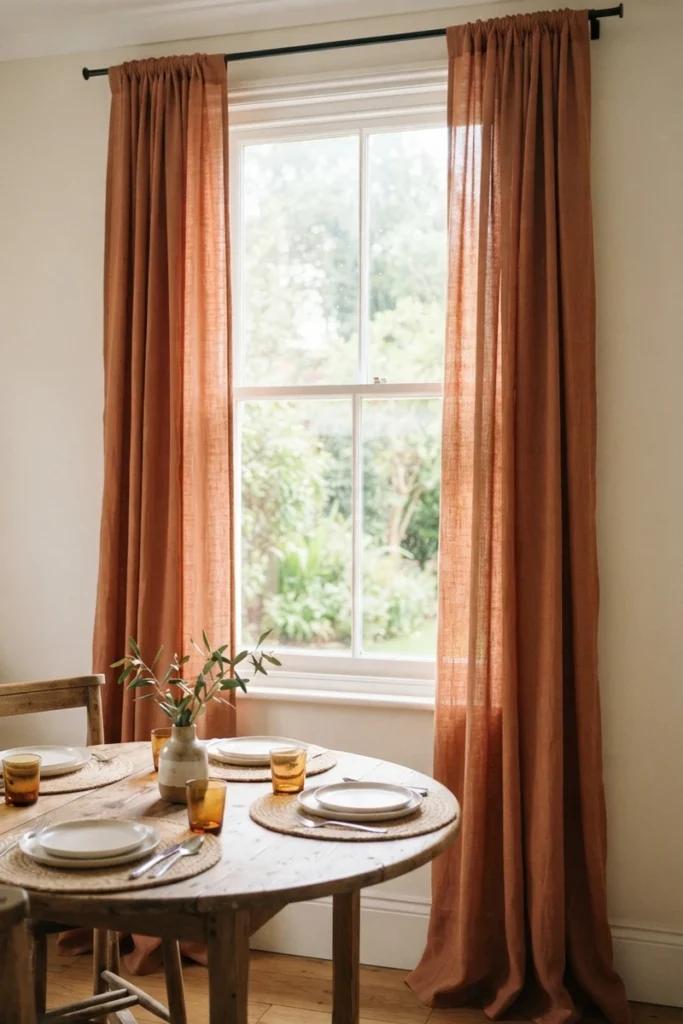 Formal vs casual dining curtains in warm terracotta linen-cotton blend with a classic rod-pocket heading