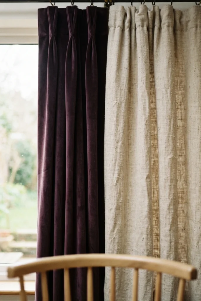 Formal vs casual dining curtains contrasted through aubergine velvet against nubby oatmeal linen texture