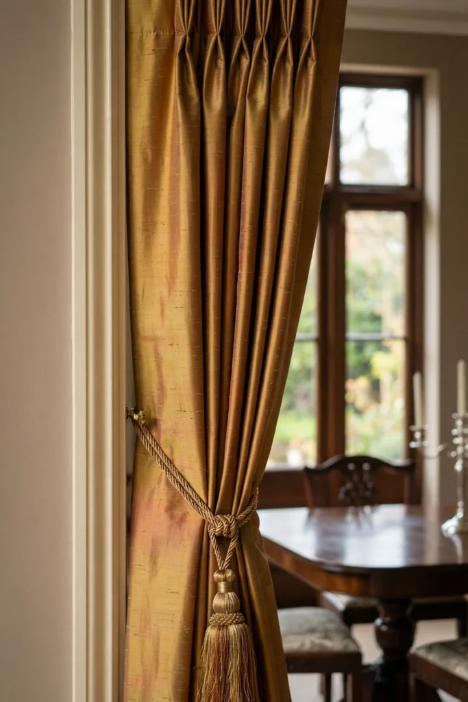Formal vs casual dining curtains highlighted by a gold silk drape with a tasseled tieback catching afternoon light