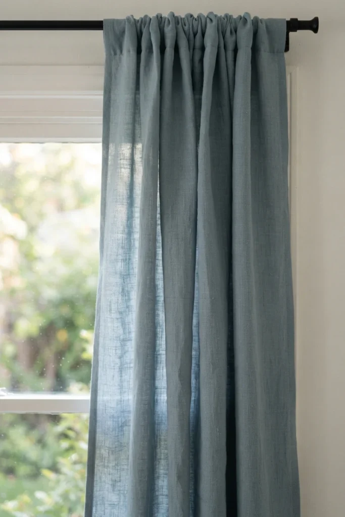 Formal vs casual dining curtains shown through a matte dusty blue linen-cotton weave in morning light
