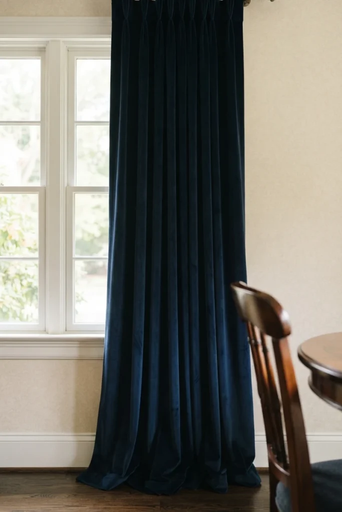 Formal vs casual dining curtains shown through navy velvet puddling beneath an ornate brass finial rod
