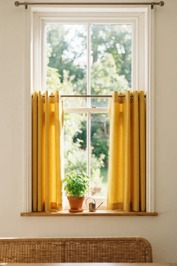 Formal vs casual dining curtains featuring crisp mustard café-length panels on a simple bronze rod