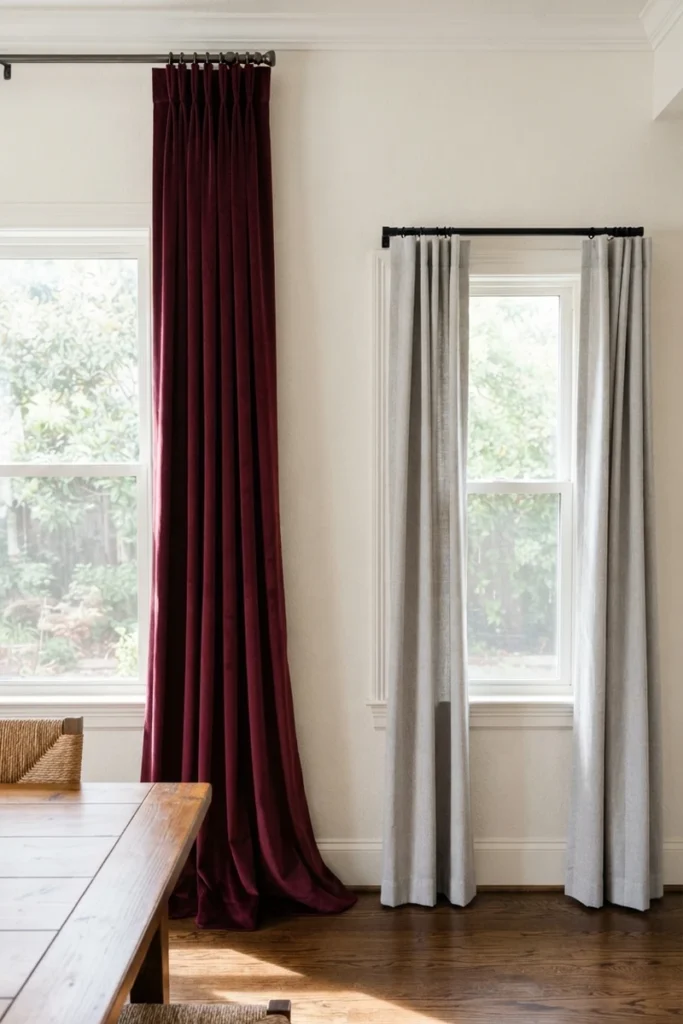 Formal vs casual dining curtains compared through a high-mounted formal rod against a lower simple casual rod