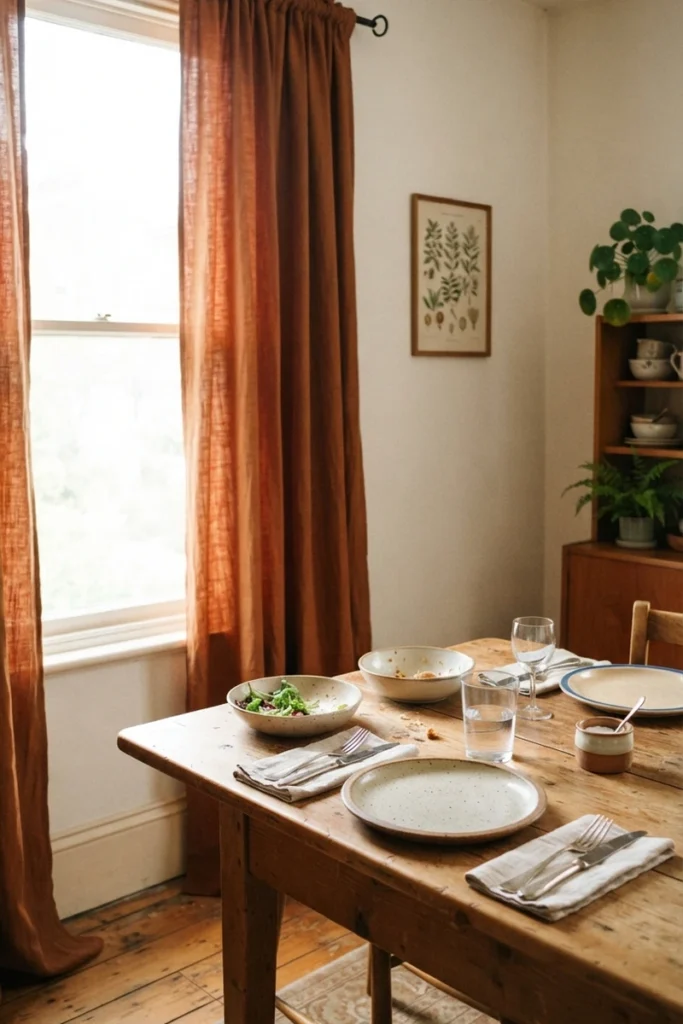 Formal vs casual dining curtains in rust linen suited to everyday family meals