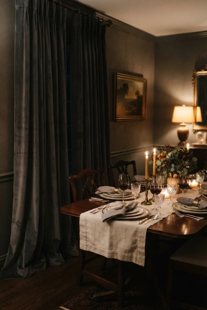 Formal vs casual dining curtains in charcoal velvet set for an elegant dinner party