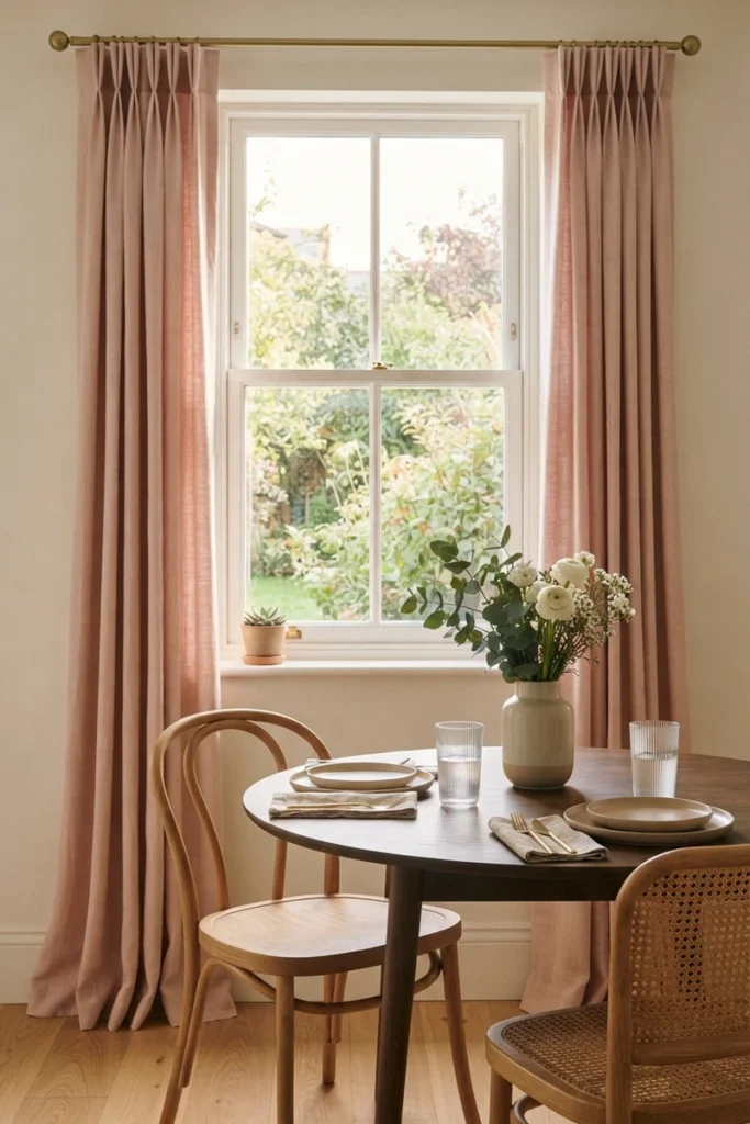 Formal vs casual dining curtains in blush pink offering a balanced everyday-to-entertaining look