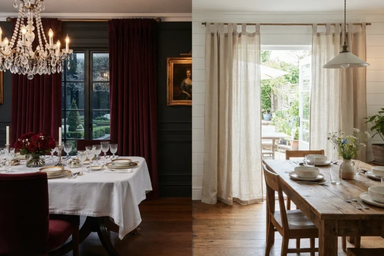 Formal vs casual dining curtain styles shown side by side with burgundy velvet drapery and light linen tab-top panels