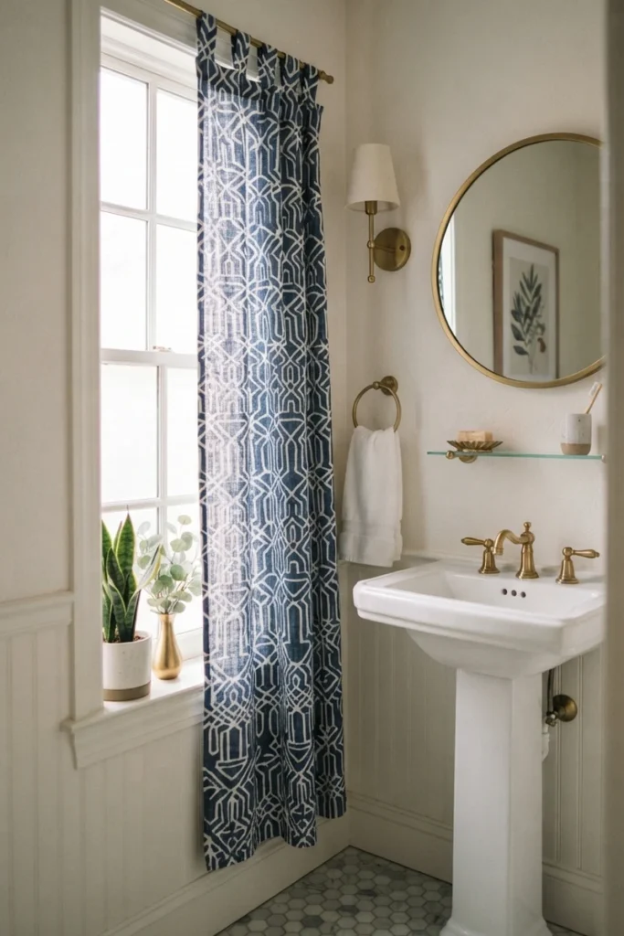 Powder room curtain guide featuring a bold navy geometric print in a relaxed tab-top heading