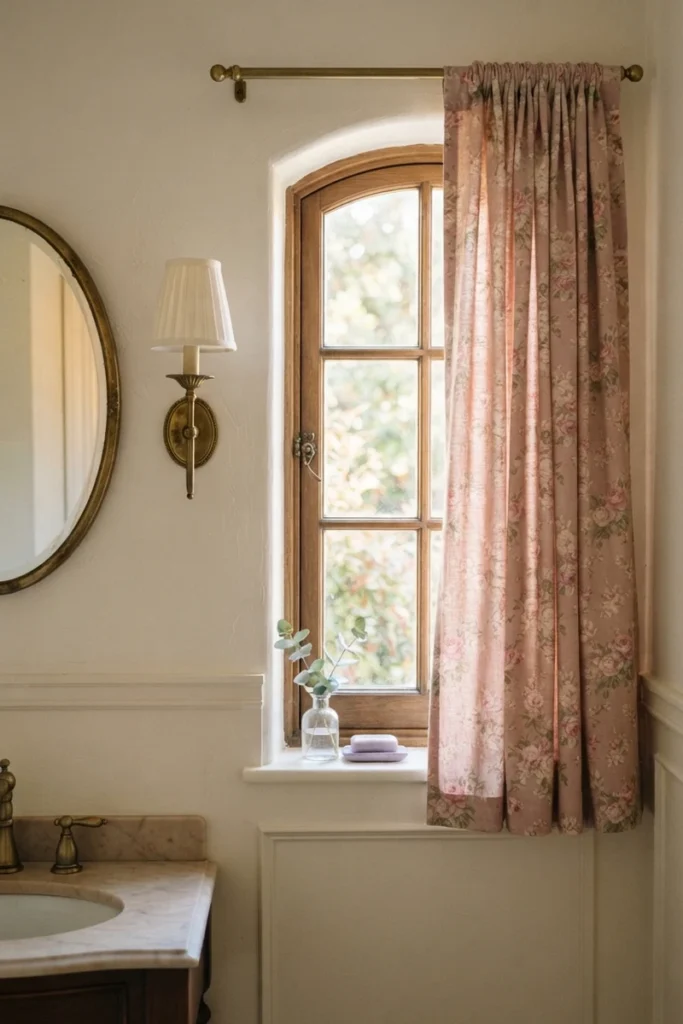 Powder room curtain guide showcasing a delicate vintage rose floral in a classic rod-pocket heading