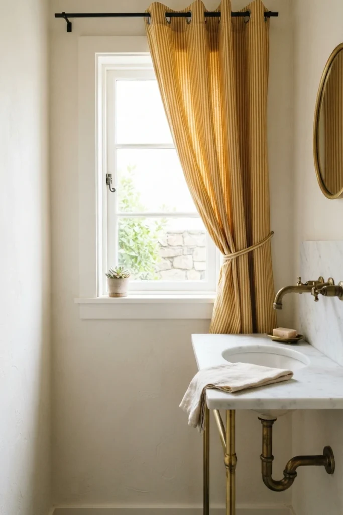Powder room curtain guide with a confident mustard ticking-stripe curtain in a grommet heading