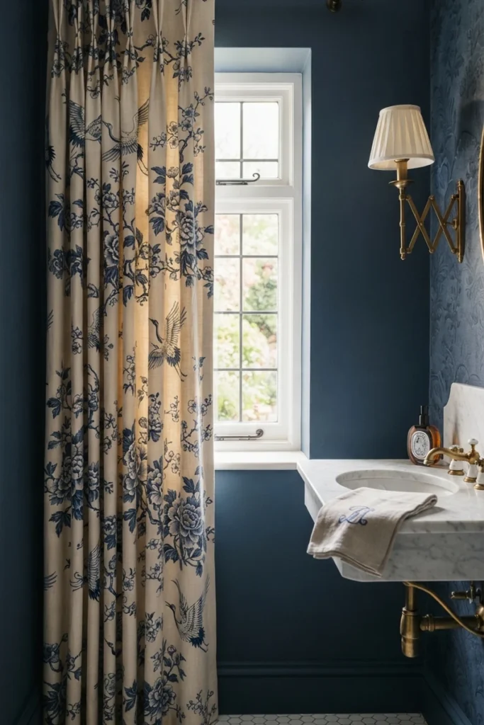 Powder room curtain guide highlighting a chinoiserie crane print in a structured pinch-pleat heading
