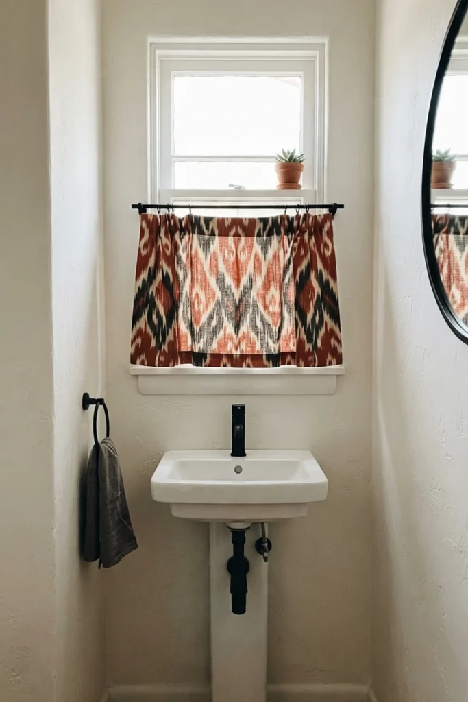 Powder room curtain guide with a bold terracotta ikat print café curtain covering a small window