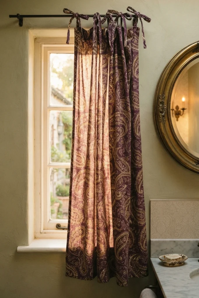Powder room curtain guide featuring a rich plum and gold paisley print in a relaxed tie-top heading