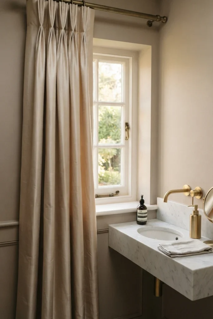 Powder room curtain guide showing a champagne silk-blend curtain with a refined pinch-pleat heading