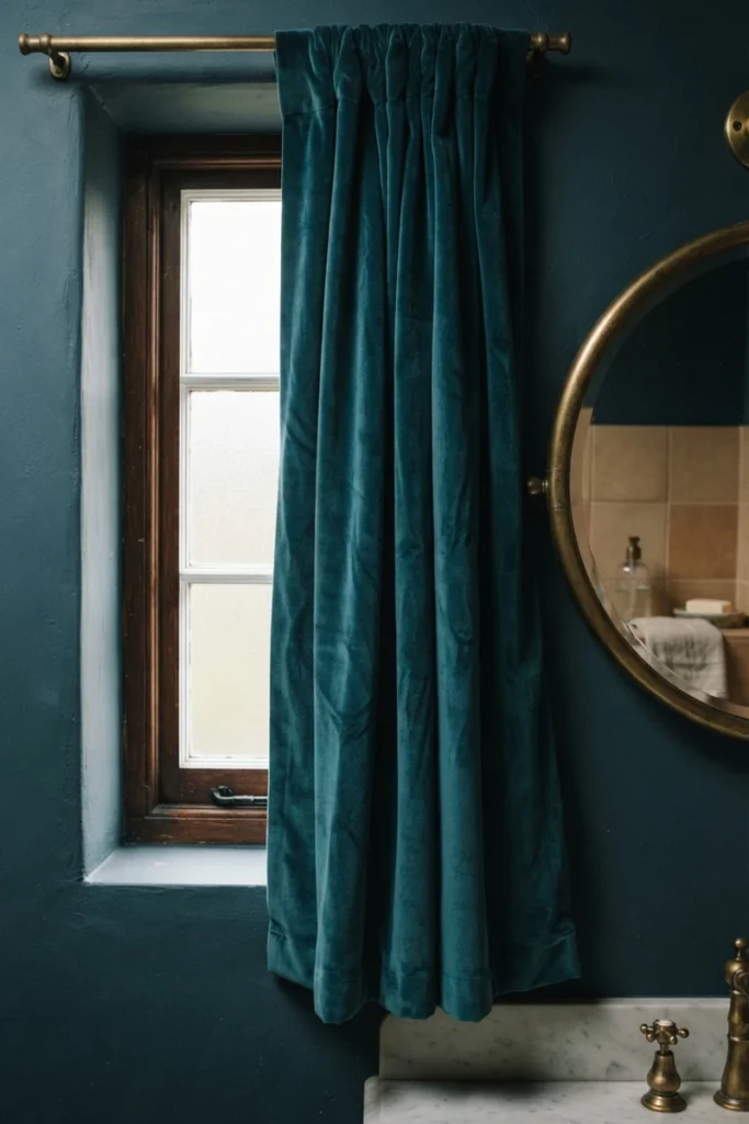 Powder room curtain guide featuring plush teal velvet in a relaxed rod-pocket heading