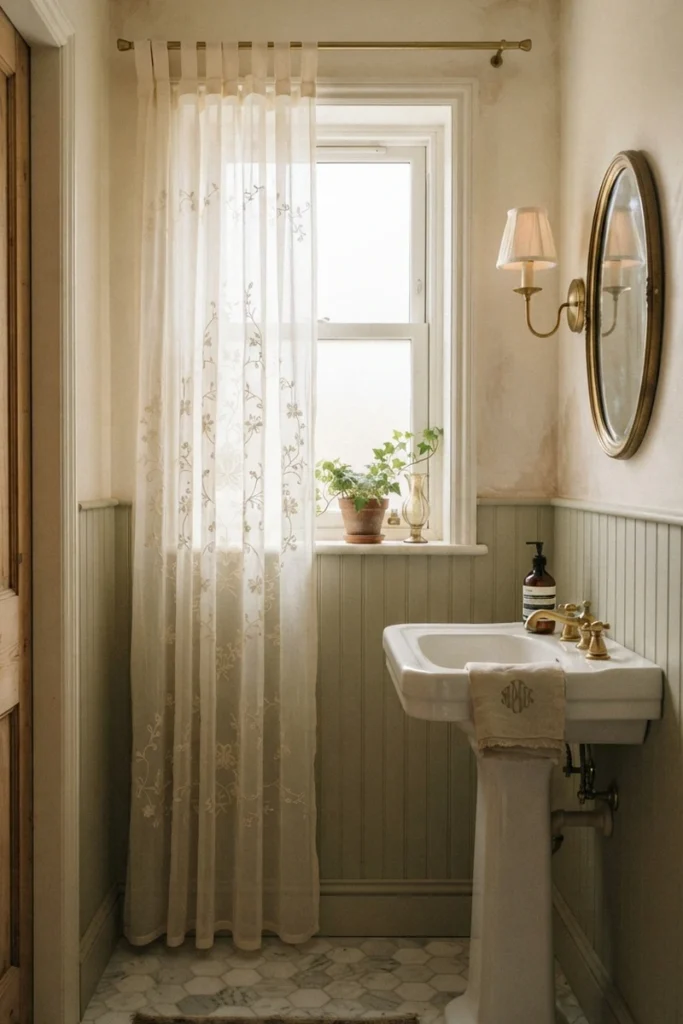 Powder room curtain guide with a delicate ivory embroidered sheer in a soft tab-top heading