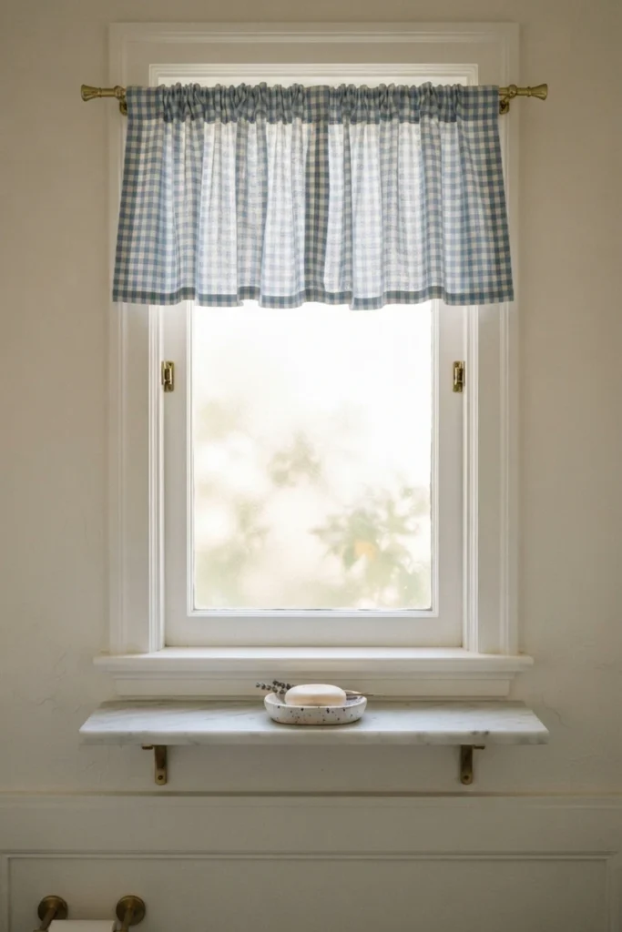 Powder room curtain guide pairing a blue gingham valance with frosted glass for easy privacy