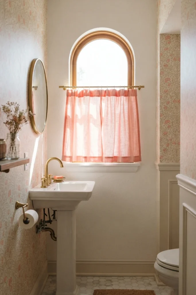Powder room curtain guide showing a coral café curtain covering the lower half of a small arched window