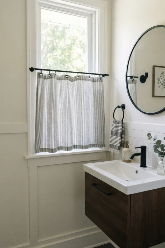 Powder room curtain guide featuring a grey ticking-stripe café curtain in a tailored grommet heading