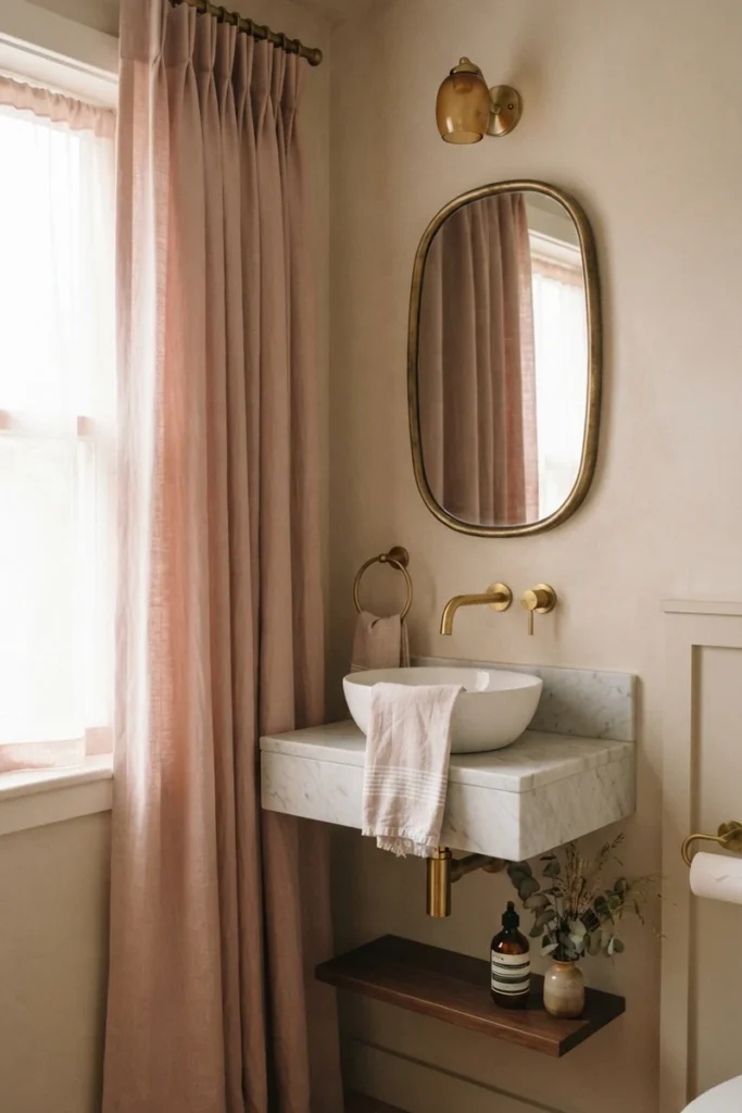 Powder room curtain guide with blush pink linen curtains coordinated with brass fixtures and towels