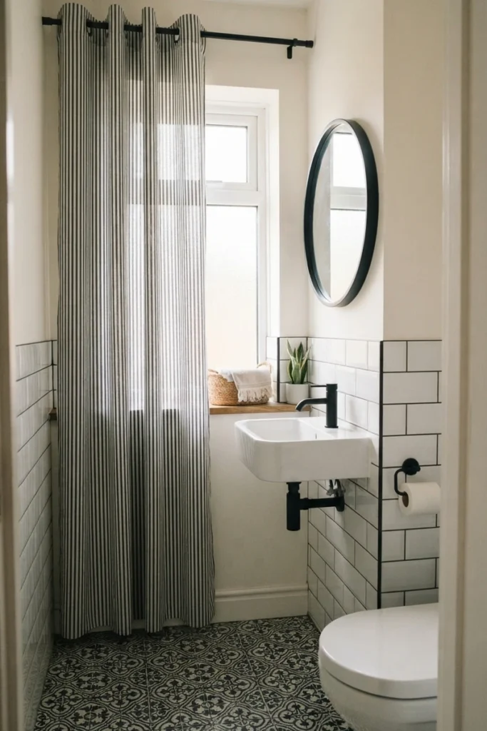 Powder room curtain guide pairing a black and white striped curtain with matte black hardware throughout