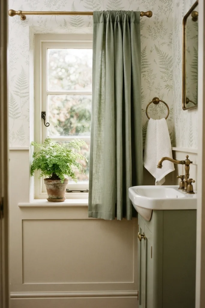 Powder room curtain guide showing sage green curtains coordinated with botanical wallpaper and cabinetry