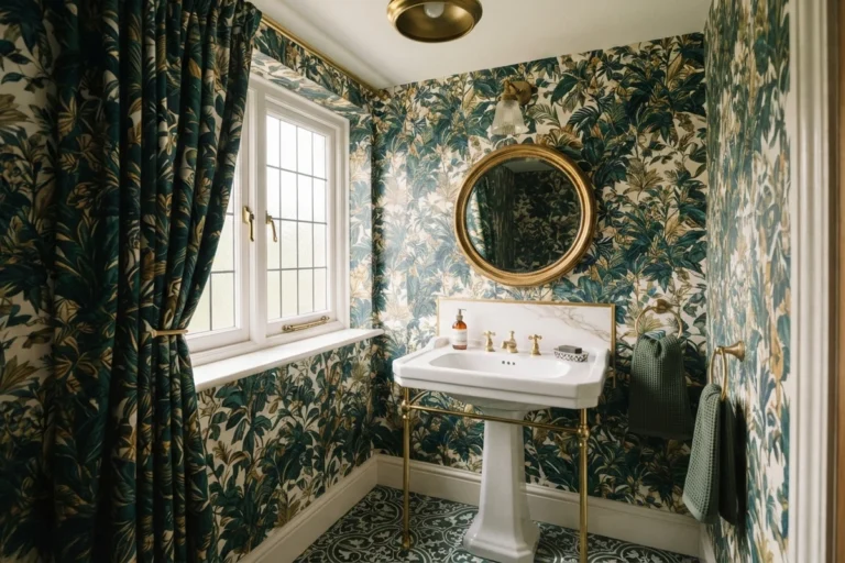 Powder room curtain guide featuring a bold botanical print curtain paired with matching leaf-pattern wallpaper