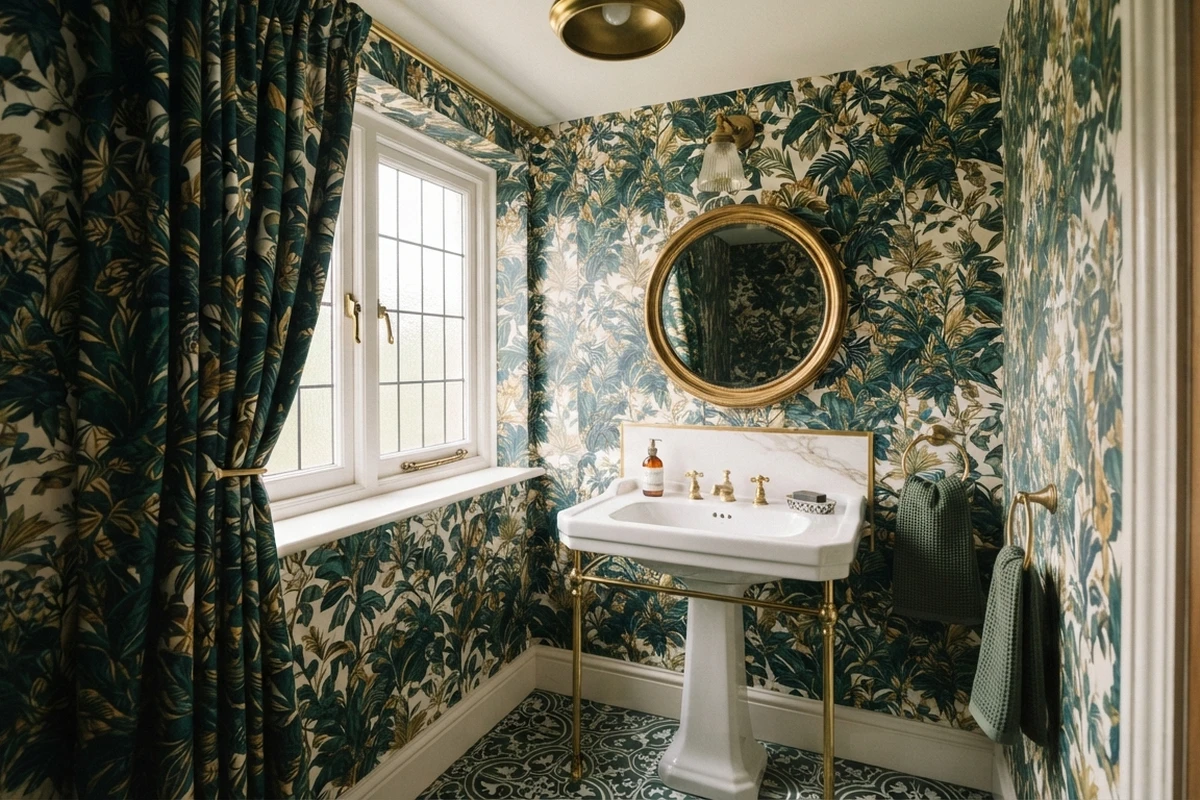 Powder room curtain guide featuring a bold botanical print curtain paired with matching leaf-pattern wallpaper