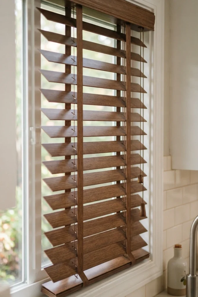Dark walnut faux wood blinds on a kitchen window near a sink faucet