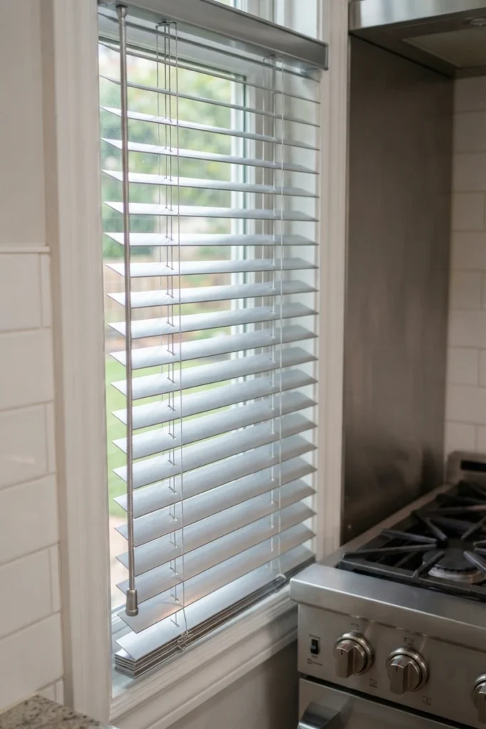 Aluminum mini blinds on a kitchen window positioned directly next to a gas stove