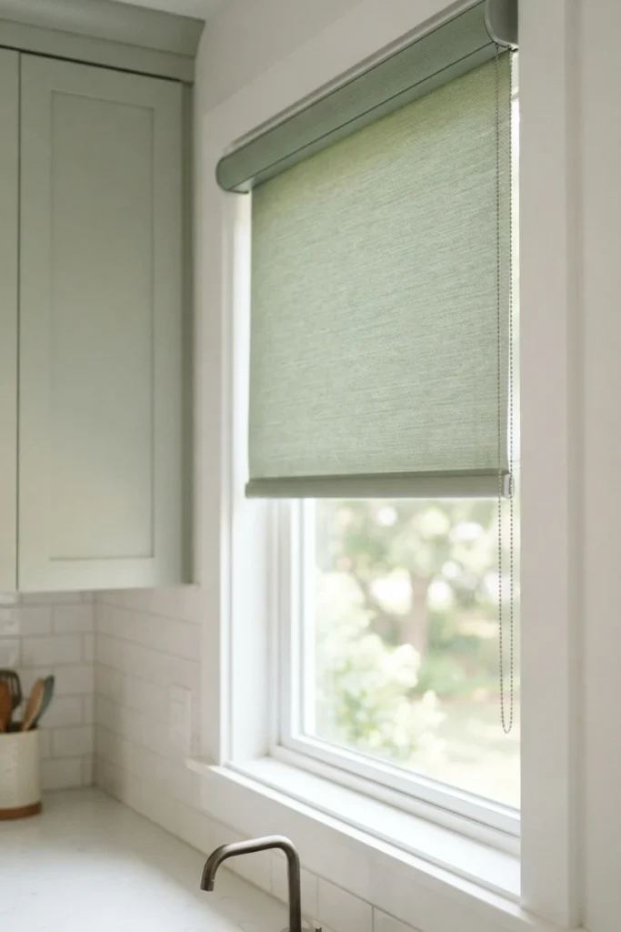 Sage green roller shade fully extended on a kitchen window above a sink