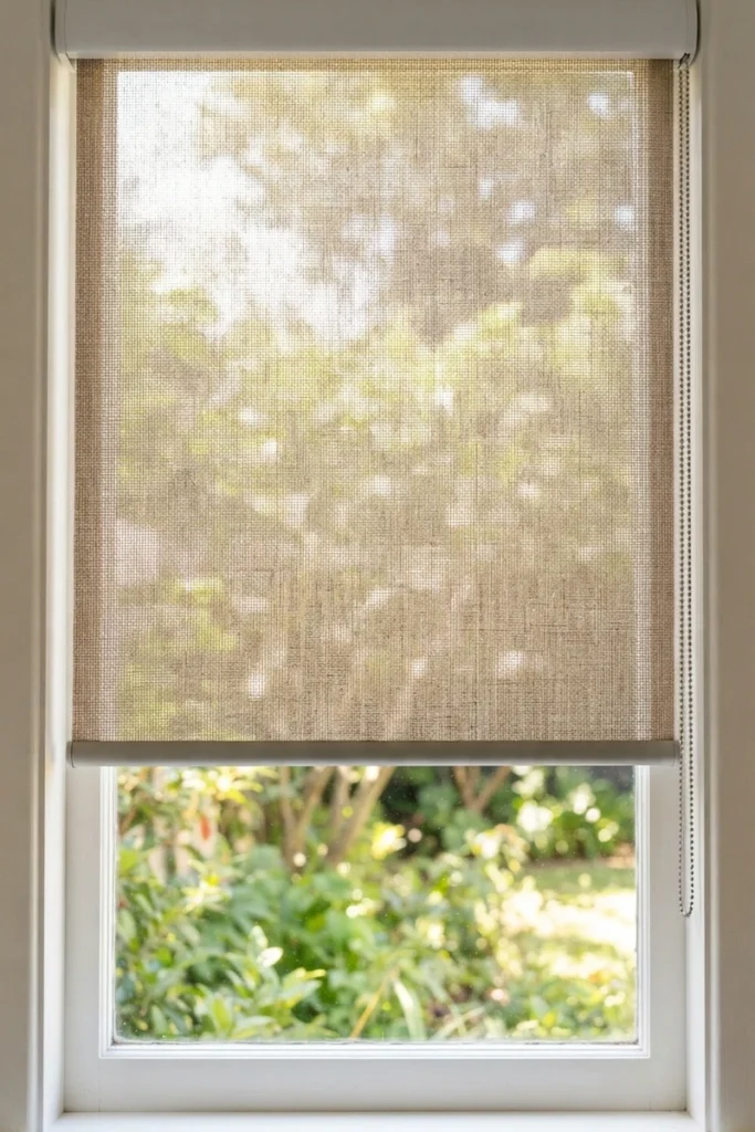 Woven solar shade filtering strong midday sunlight on a kitchen window while preserving the garden view