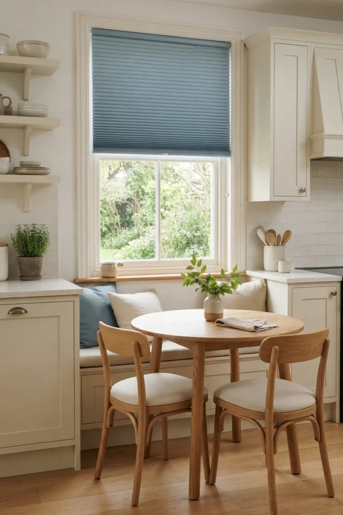 Blue cellular honeycomb shade on a breakfast nook window with built-in bench seating